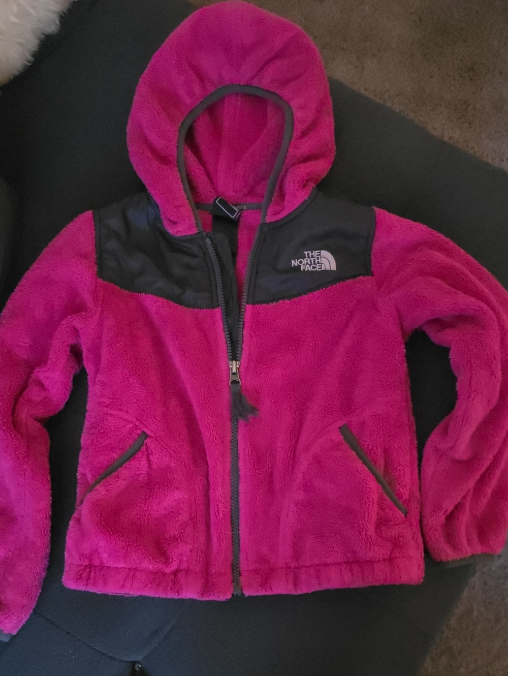 The North Face Girls' Pink Hooded Fleece Jacket with Black Yoke